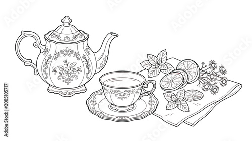 Konstfotografi Vintage tea set line art, ornate teapot and teacup with lemon and mint, classic