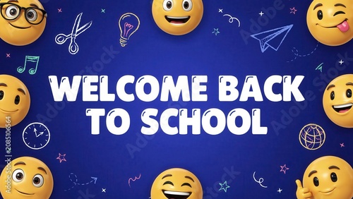 Welcome back to school banner featuring cute emojis and doodles