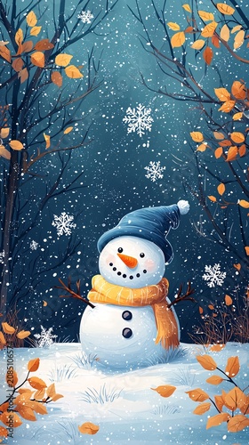 Cute snowman in winter snow scenery