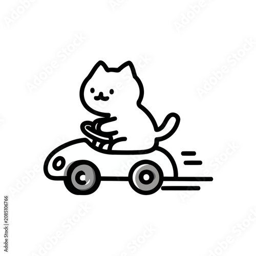 Cute cat riding skateboard, kawaii cat on longboard, cartoon animal character, vector line art illustration