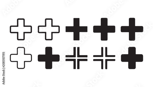 Plus sign icons collection. filled and outlined black symbols on transparent background for various uses.