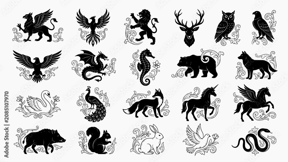 Fototapeta premium Heraldic Animal Silhouette Collection Featuring Eagle, Lion, Deer, Dragon, Wolf and Mythical Creatures Vector Set