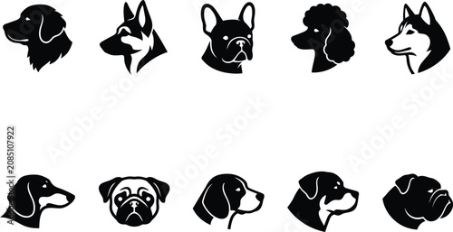 Tableau sur toile Variety of dog silhouettes featuring different canine head profiles and frontal views