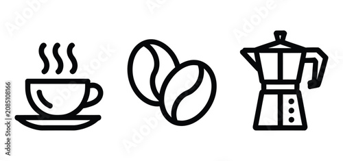 Tableau sur toile Coffee cup, coffee beans and moka pot icon set, minimalist beverage symbols for café branding, kitchen menus and beverage design