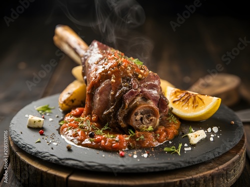 Slow cooked lamb shank in rich sauce with lemon on slate plate, culinary