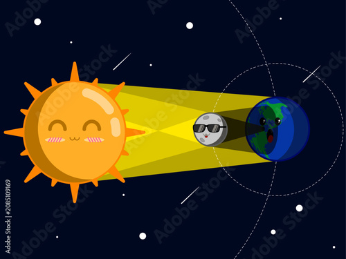 Fotografi Solar eclipse shadow illustration demonstrating umbra and penumbra reaching Earth with cute celestial characters in space