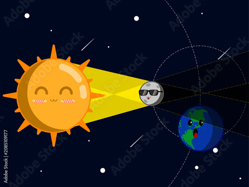 Obraz na plátně Solar eclipse illustration explaining umbra and penumbra shadows with cute Sun, Moon, and Earth in outer space