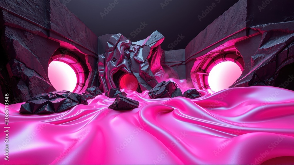 Fototapeta premium Futuristic interior. Pink liquid flows through dark geometric structures. Bright orbs illuminate scene. Dramatic lighting creates intense mood.
