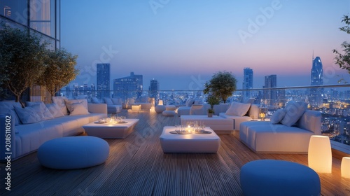 Elegant rooftop lounge with modern furniture overlooking city skyline at dusk with warm ambient lighting and stunning views