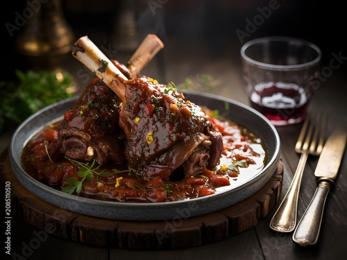 Braised lamb shanks served with red wine on rustic table culinary restaurant