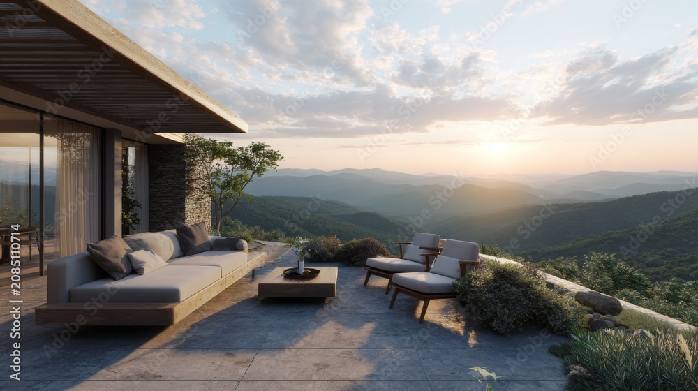 Fototapeta premium Serene Mountain View from Modern Outdoor Living Space with Comfortable Furniture at Sunset