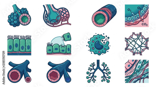 Cuadro en lienzo Illustration of human respiratory system anatomy and cells.