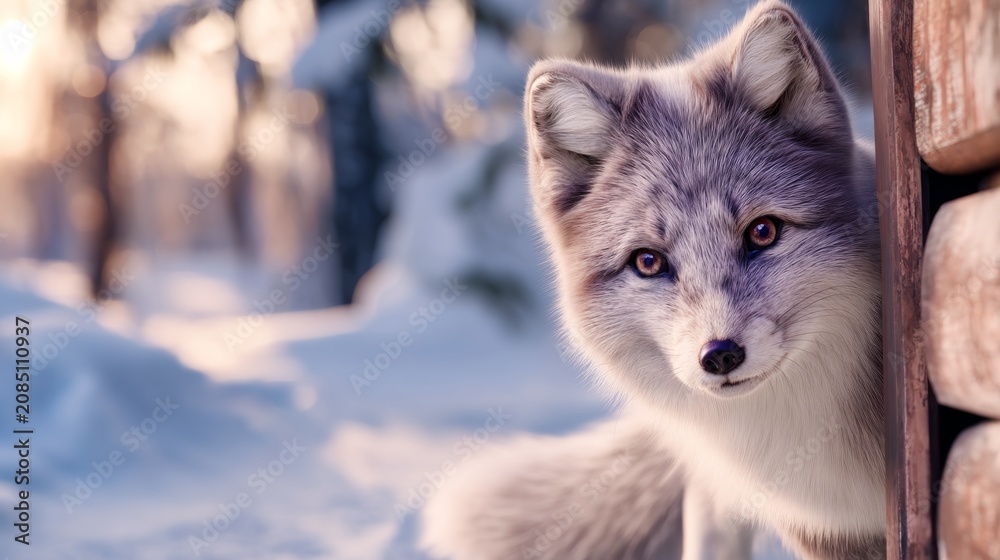 Fototapeta premium Fluffy Arctic Fox Peeking Around Edge of Frame in Snowy Landscape