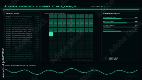 Mainframe System Diagnostic Scanner Cluster Storage Integrity Check Animation.