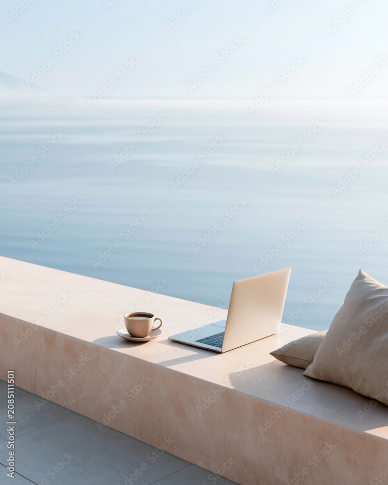 Fototapeta premium Serene coastal view with laptop and coffee. Quiet morning light bathes the scene. Minimalist bench invites calm work or reading. Perfect for remote work, meditation, or travel inspiration