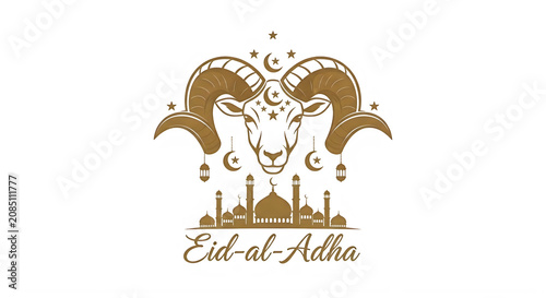 Golden ram head icon with cityscape isolated on transparent background