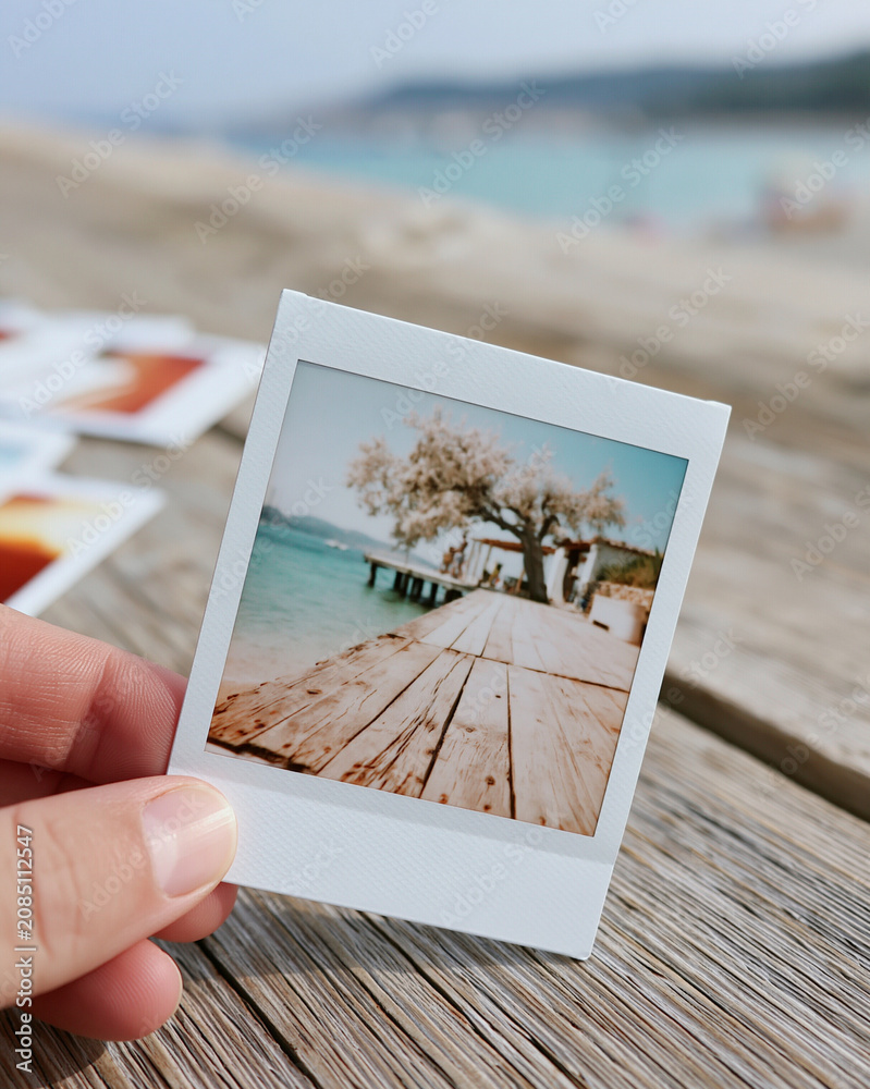 Fototapeta premium Hand holds instant photo of wooden pier. Tree stands near turquoise water. Soft focus blurs distant beach and sky. Coastal scene evokes calm, peaceful feeling. Ideal for vacation, travel