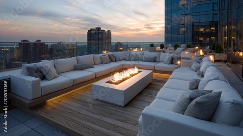 Cozy Rooftop Lounge with Modern Fire Pit Overlooking City Skyline at Sunset