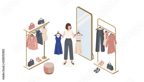 Isometric vector of a young woman choosing between two dresses in a fashion boutique with racks and mirrors.