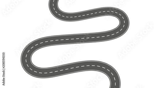 Winding road with white dotted lines curving gently across a clean white background in a flat graphic style.