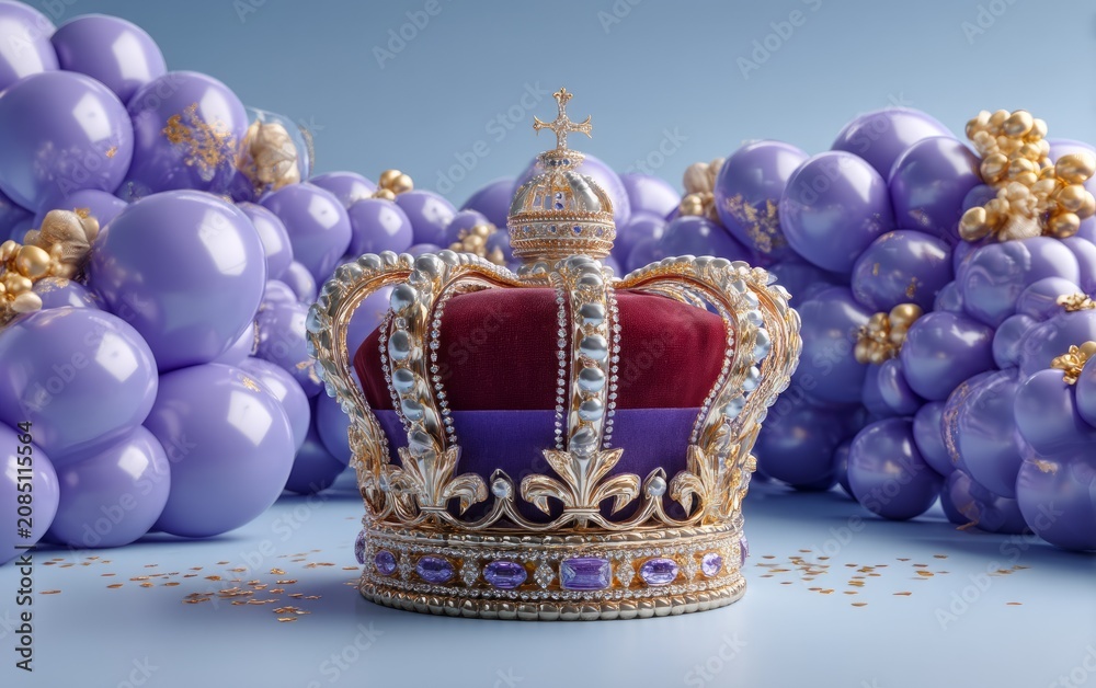 Obraz premium Ornate Crown Display Surrounded by Purple Balloons and Confetti