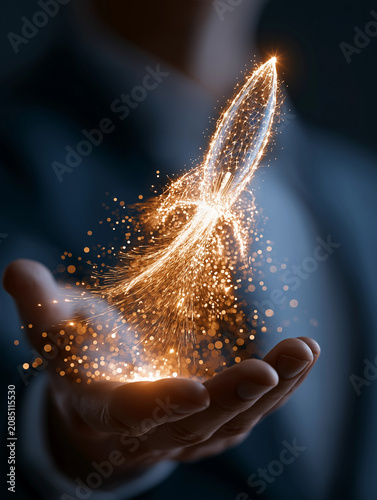 Spark of Innovation: A hand holds a glowing, fiery rocket taking off, symbolizing a powerful launch of creativity, technology, and future endeavors.