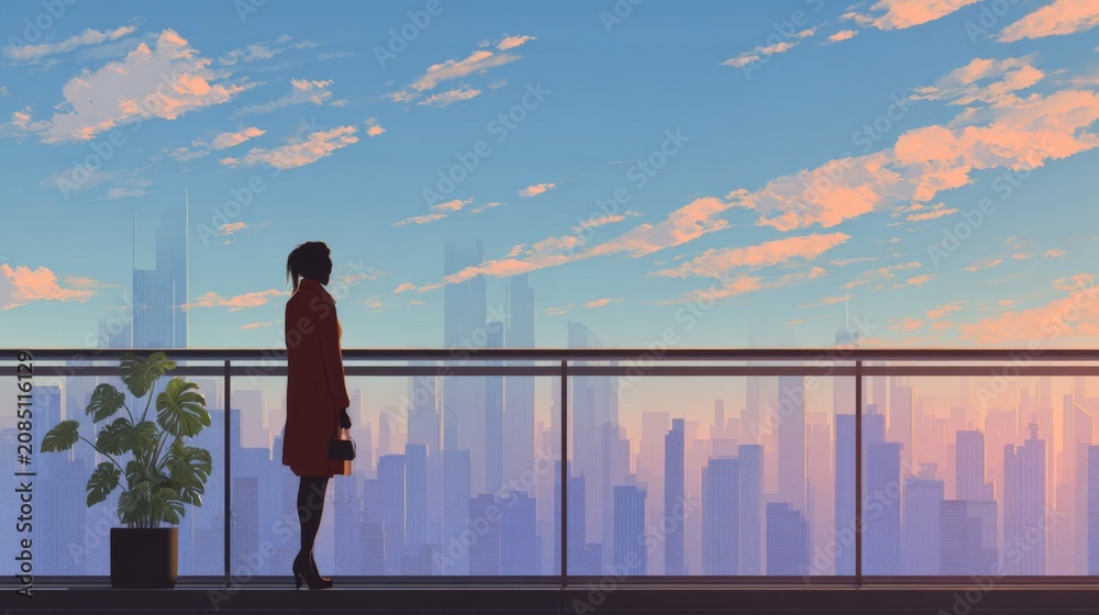 Fototapeta premium Silhouette of a Woman in a Cityscape at Dusk with a Balcony View and Lush Green Plant in the Foreground