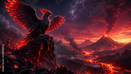 Fiery Ember Phoenix Perched Above Volcanic Lava Valley