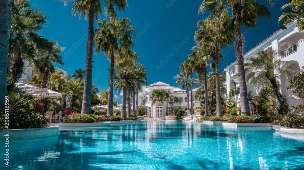 Fototapeta premium Serene luxury resort pool surrounded by palm trees and sunlit architecture in a tropical paradise atmosphere