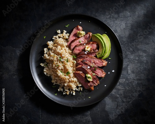 Grilled steak slices with brown rice and avocado on dark plate, background