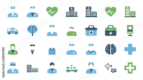 Vászonkép Medical icons including hospital buildings, doctors, and healthcare equipment appear in a structured collection