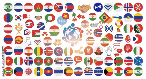 Tableau sur toile Flags of various nations appear as circular speech bubbles surrounding a central world map icon on a white background
