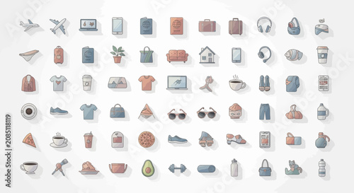 Photos Icons depicting daily lifestyle objects including travel gear, electronic devices, clothing, and food items are displayed in a comprehensive collection