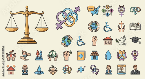 Social icons representing diversity and equality feature scale of justice, gender symbols, and human figures to illustrate human rights.