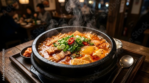 Spicy korean soft tofu stew in traditional black stone pot with traditional vegetable steaming