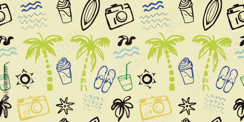 Obraz na plátně Summer vacation themed pattern with beach objects and tropical foliage