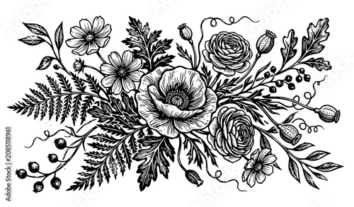 Vintage floral linocut engraving vector with monochrome woodcut flowers botanical illustration and grunge texture isolated on white