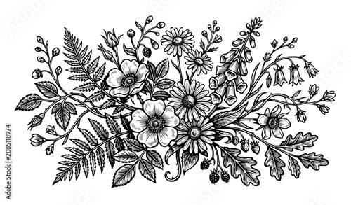 Flowers linocut vector illustration with grunge texture monochrome woodcut botanical floral engraving isolated on white background