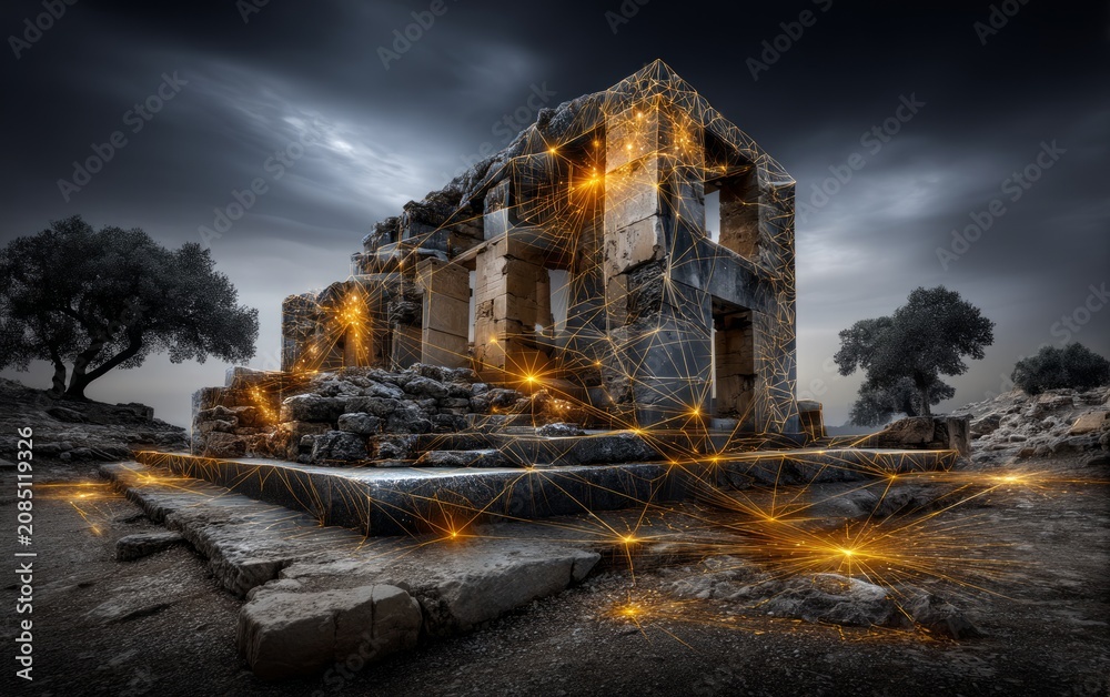 Fototapeta premium Heritage Site Mapping Concept with Archaeological Ruins and Data Visuals