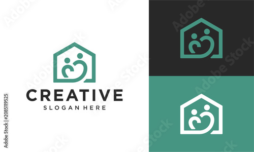Family care home logo design template with parent and child figures inside a house icon