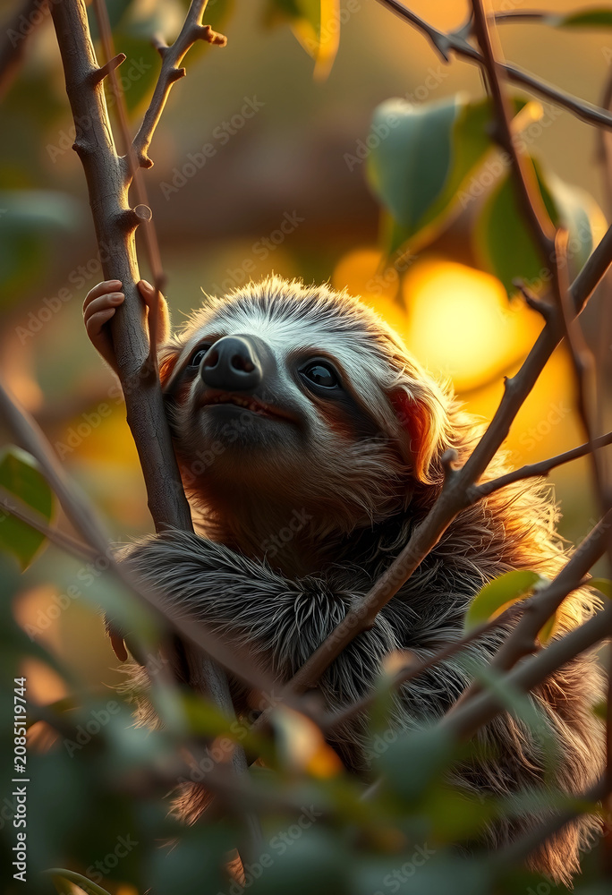 Fototapeta premium Happy sloth peeking from tree branches at golden hour