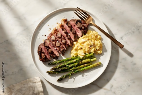 Sliced steak with scrambled eggs and asparagus on white plate, asparagus