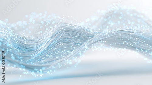 Elegant white abstract background with flowing global connectivity lines, glowing blue particles,