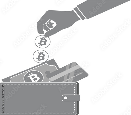 Bitcoin Savings Wallet Concept with Hand Depositing Cryptocurrency Coins