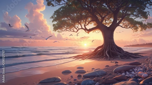 Sunset silhouette of tree by calm water