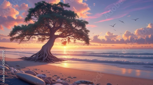 Majestic tree silhouette at sunset by water