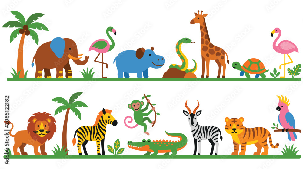 Naklejka premium Wild animal collection set in savannah and jungle scenery background.