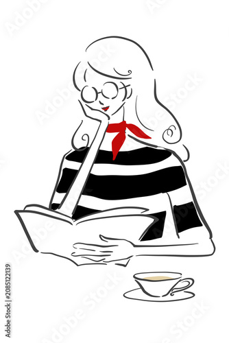 Line Drawing of a Woman Reading a Book at a Cafe, Wearing Stripes