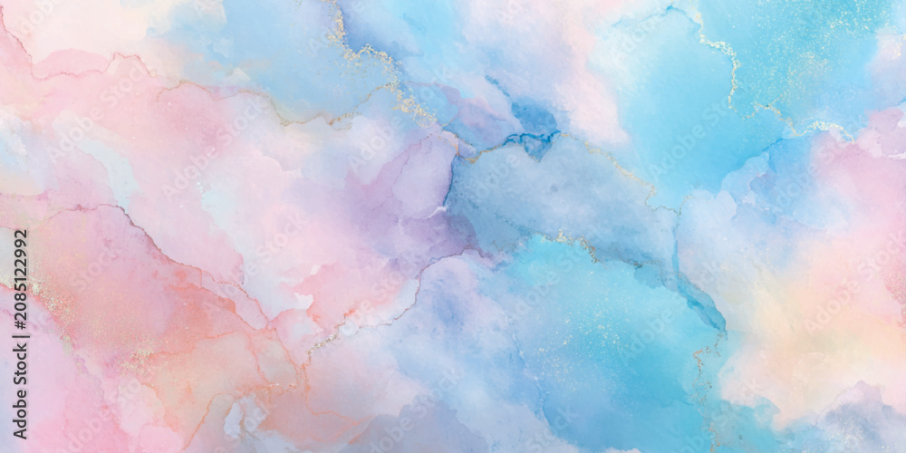 Obraz premium Abstract pastel watercolor alcohol ink background with elegant gold veins fluid marble texture for luxury design