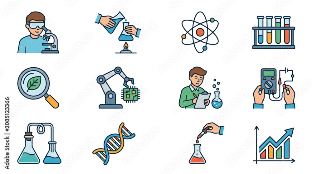 Fototapeta premium Collection of science and research icons representing various laboratory experiments and discoveries.